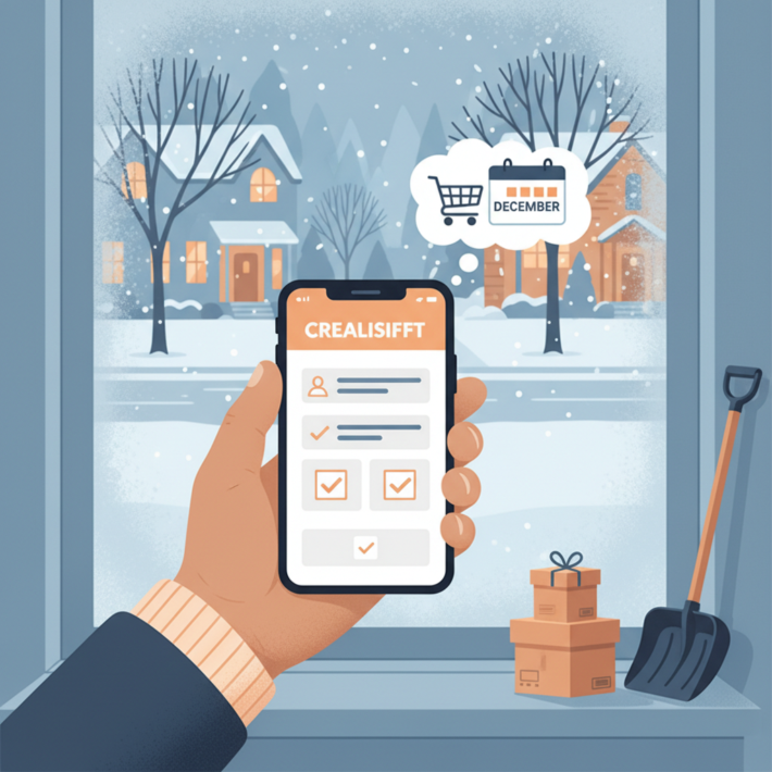 snowy window scene with a person scrolling on a phone, representing job searching during cold winter months