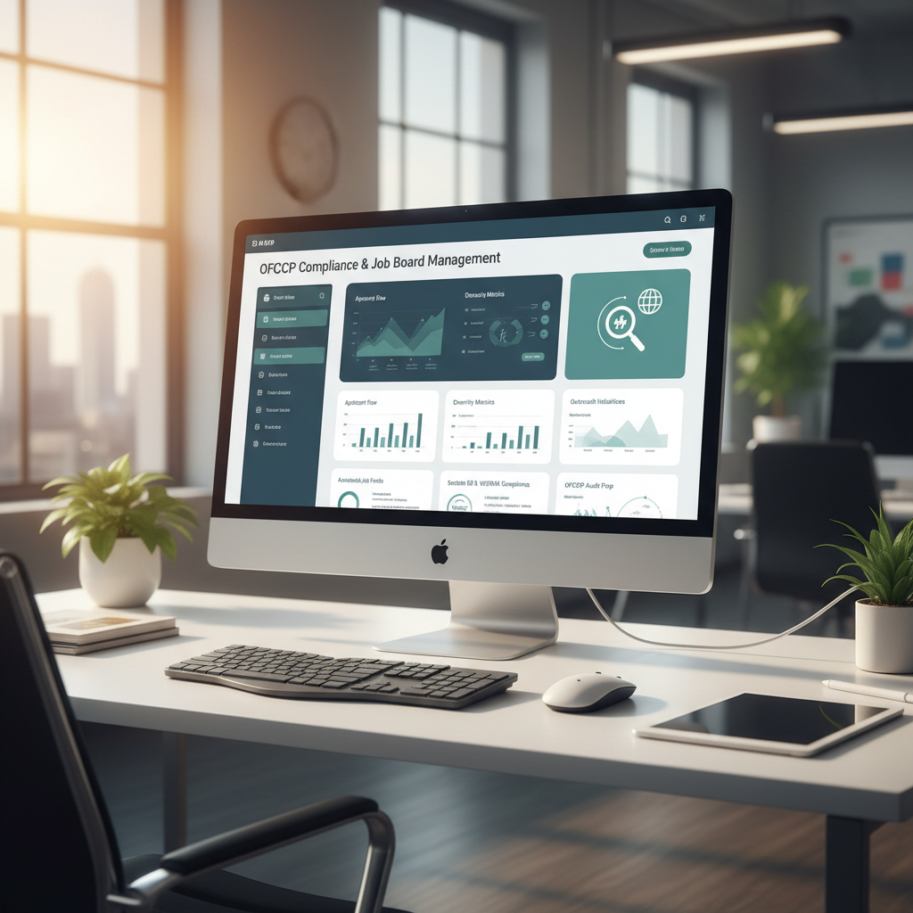 a tightrope walker balancing over a complex network of job boards and compliance documents, representing the challenge of ofCCP job posting software