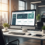 a tightrope walker balancing over a complex network of job boards and compliance documents, representing the challenge of ofCCP job posting software