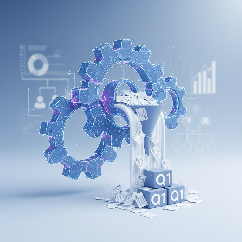 a recruiter overwhelmed by stacks of papers and computer screens struggling with high q1 job volume against an office background