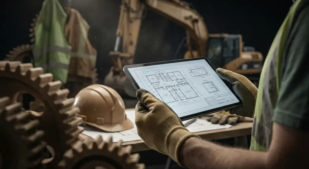 a diverse construction crew on a job site with a "2026 enforcement playbook" overlay, symbolizing upcoming ofccp changes.
