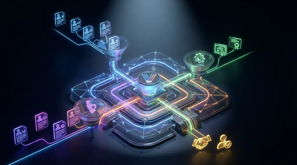 glowing digital recruitment process with job board selection featuring resumes, qualifications, and employment.