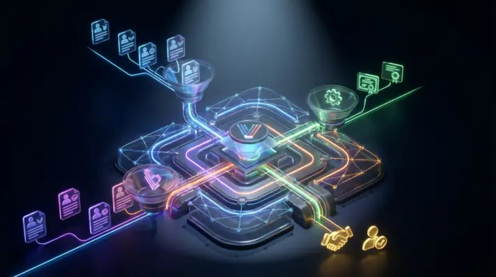 glowing digital recruitment process with job board selection featuring resumes, qualifications, and employment.