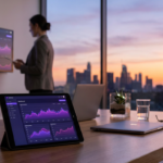 a magnifying glass over a job board on a laptop, analyzing cost and performance data.