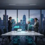 a 2024 calendar with "ofccp compliance" crossed out, replaced by modern digital tools and flowing data.