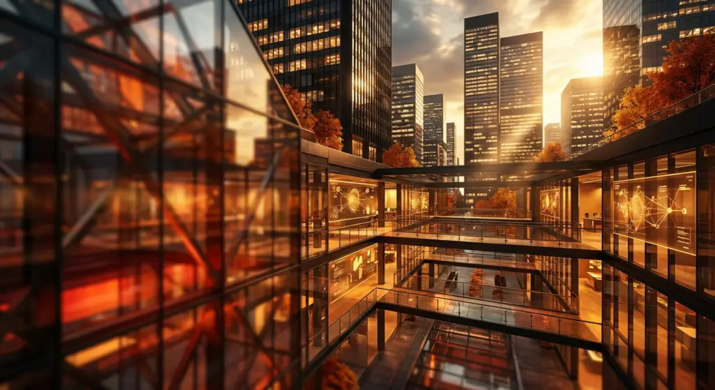 modern architecture with glowing data visualizations, representing recruitment technology integration