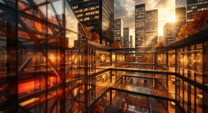 modern architecture with glowing data visualizations, representing recruitment technology integration