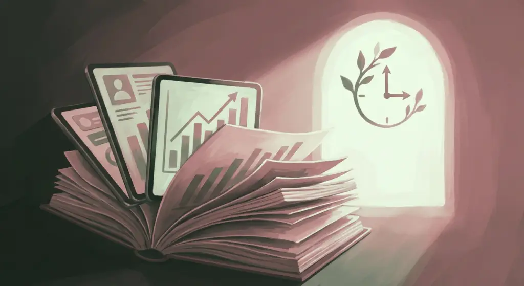 open book with tablets showing data and papers, representing march application volume, near a bright door with a clock.