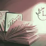 open book with tablets showing data and papers, representing march application volume, near a bright door with a clock.