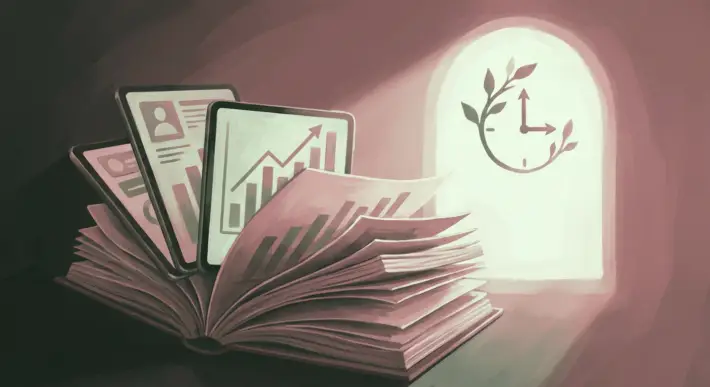 open book with tablets showing data and papers, representing march application volume, near a bright door with a clock.