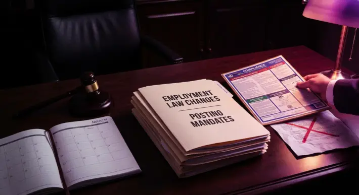 desk with a gavel, a "march" calendar, and folders titled "employment law changes" and "posting mandates" highlighting march employment law.