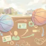 campus with basketballs and a corkboard displaying march madness recruiting process icons.