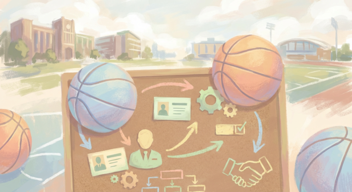 campus with basketballs and a corkboard displaying march madness recruiting process icons.