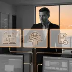 man in data center touching holographic icons representing multi-platform job distribution.