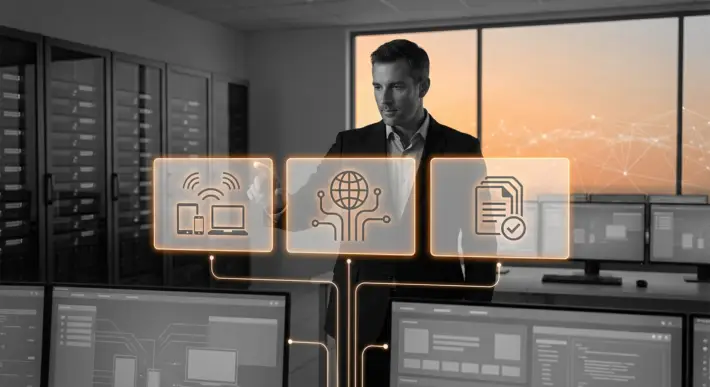 man in data center touching holographic icons representing multi-platform job distribution.