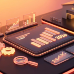 a smart distribution manager analyzing performance metrics on a tablet with graphs in front of a distribution center.