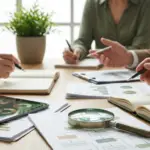 people analyzing recruitment analytics data on a tablet, documents, and with notebooks.
