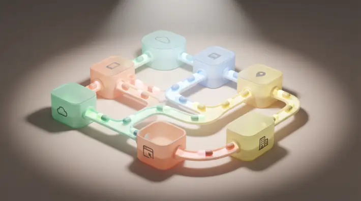 colorful connected blocks with icons illustrating job distribution with capsules flowing through channels.