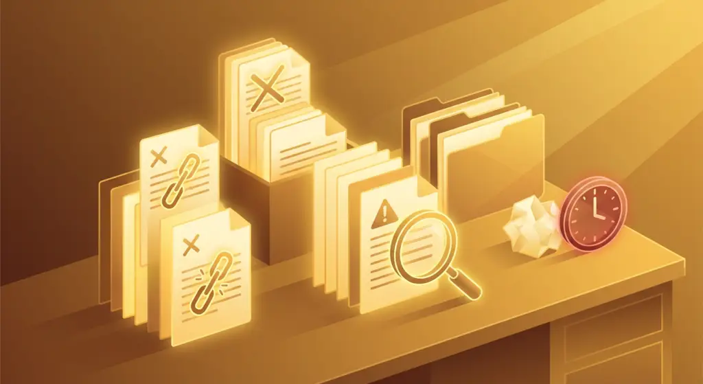 glowing desktop with files highlighting documentation mistakes, broken links, and errors for review.