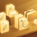 glowing desktop with files highlighting documentation mistakes, broken links, and errors for review.