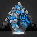 digital folders and papers overflowing from a smartphone, with a broken lock magnifying glass, indicating job application surges