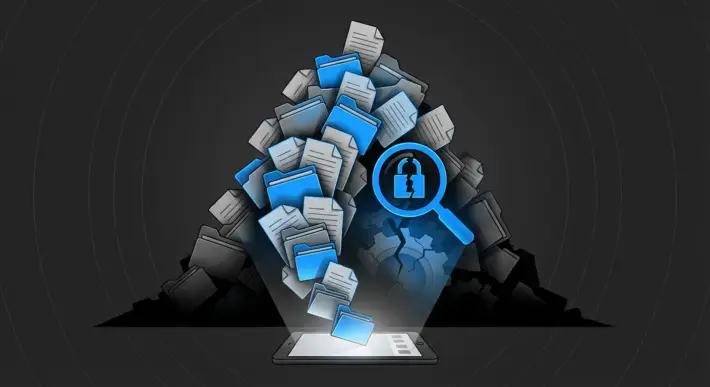 digital folders and papers overflowing from a smartphone, with a broken lock magnifying glass, indicating job application surges