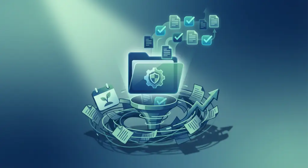 folder with a shield and gear processing ofccp documentation through a funnel.