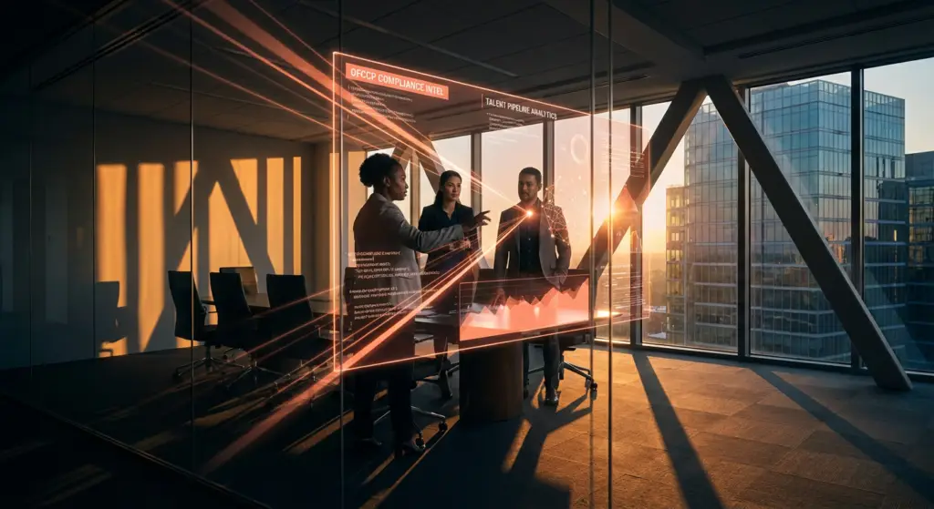 legal professionals analyzing data with graphs overlayed, illustrating enhanced ofccp recruiting intelligence tactics.