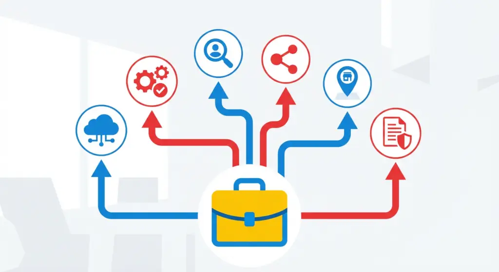 a yellow briefcase with blue and red arrows pointing to various icons representing job distribution strategies.