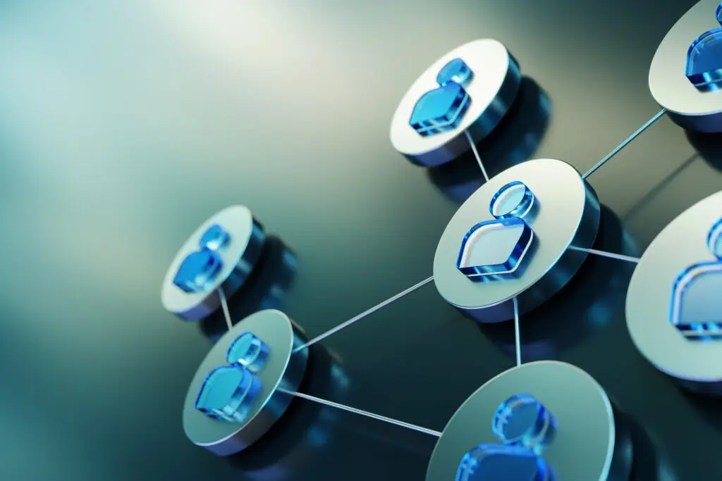 connected network of glass person icons representing sustainability hiring and federal compliance goals.