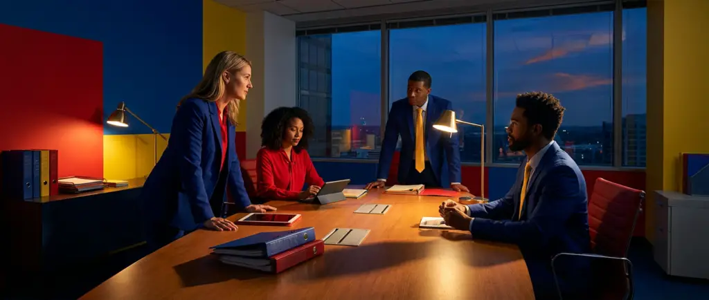 diverse professionals discussing ofccp audit preparation around a conference table at sundown.