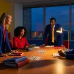 diverse professionals discussing ofccp audit preparation around a conference table at sundown.