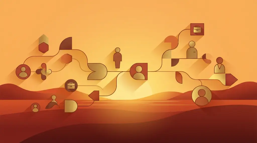 abstract illustration depicting ofccp job distribution through connected user and briefcase icons on an orange-red landscape
