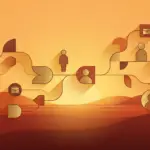 abstract illustration depicting ofccp job distribution through connected user and briefcase icons on an orange-red landscape