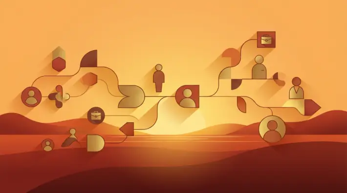abstract illustration depicting ofccp job distribution through connected user and briefcase icons on an orange-red landscape