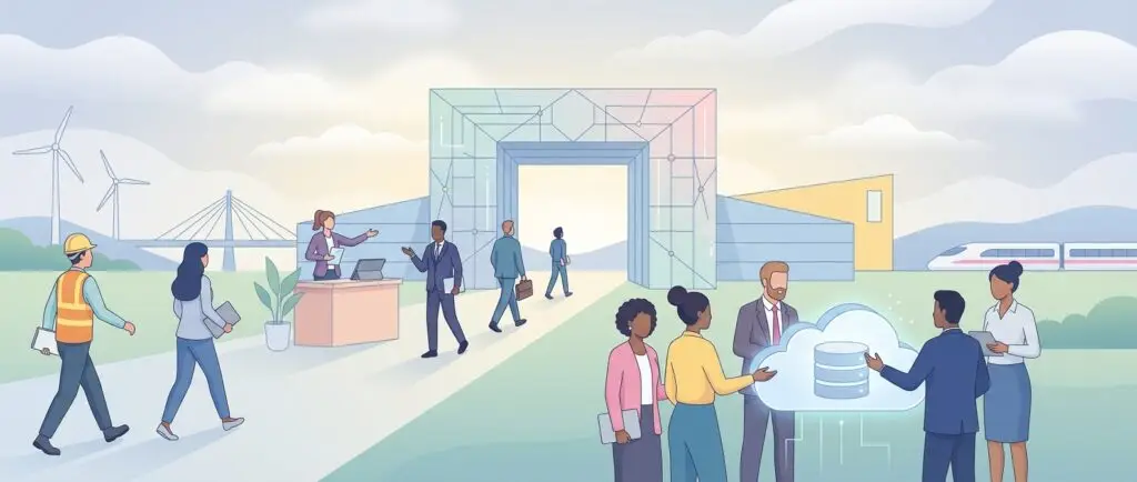 diverse people engaging in a modern professional environment, representing federal contractor recruitment initiatives.