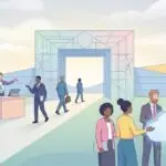 diverse people engaging in a modern professional environment, representing federal contractor recruitment initiatives.