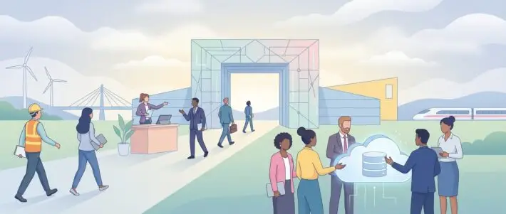 diverse people engaging in a modern professional environment, representing federal contractor recruitment initiatives.