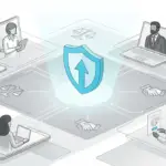 shield with upward arrow and diverse people interacting with devices, symbolizing ofccp job board compliance.