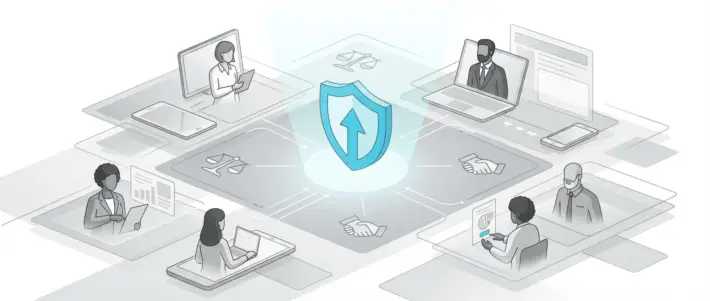 shield with upward arrow and diverse people interacting with devices, symbolizing ofccp job board compliance.