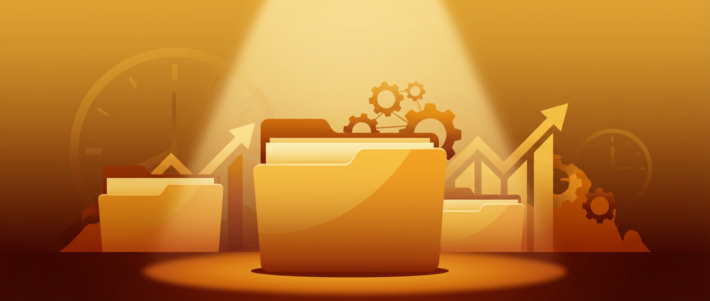 glowing folders, gears, clocks, and ascending arrows symbolizing ofccp quarterly reporting.