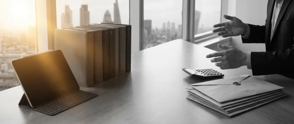 a professional in a suit discussing ofccp compliance budgeting with a tablet, calculator, and folders on a modern office desk overlooking a city.