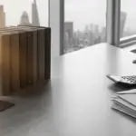 a professional in a suit discussing ofccp compliance budgeting with a tablet, calculator, and folders on a modern office desk overlooking a city.