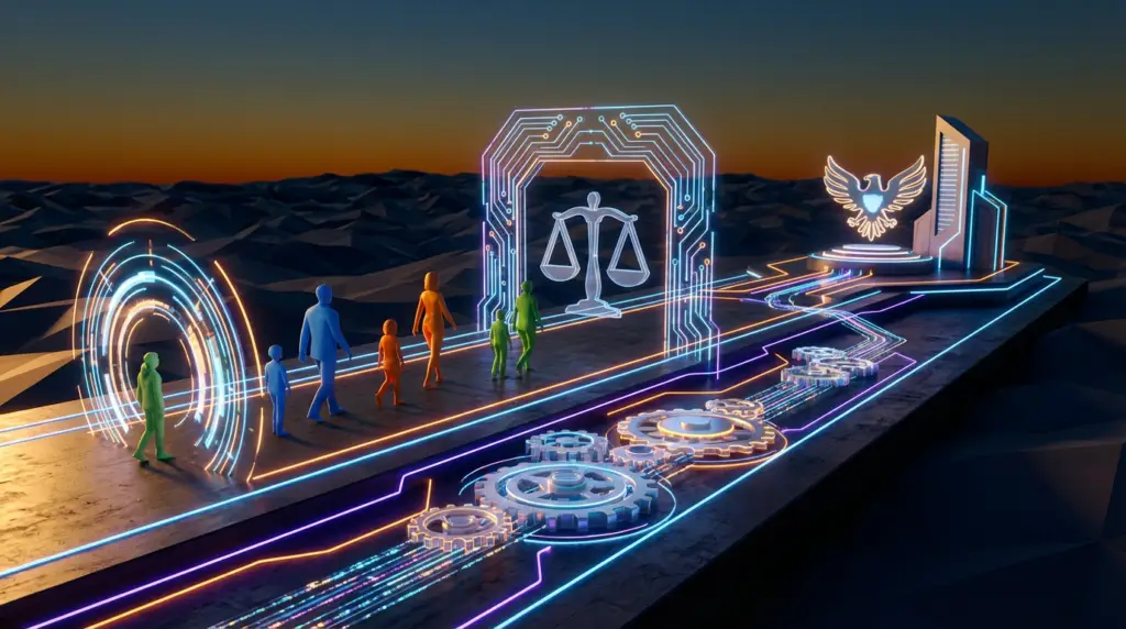 stylized figures walking on a path toward a scales of justice and eagle emblem, symbolizing ofccp compliance hiring