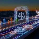 stylized figures walking on a path toward a scales of justice and eagle emblem, symbolizing ofccp compliance hiring