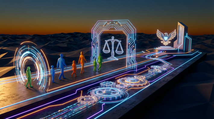 stylized figures walking on a path toward a scales of justice and eagle emblem, symbolizing ofccp compliance hiring