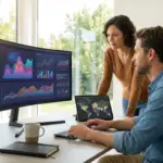 two people analyzing craigslist job trends on a monitor and tablet in a modern office.