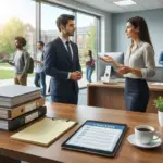 professionals discuss ofccp graduate hiring documentation while a tablet displays a checklist on a desk.