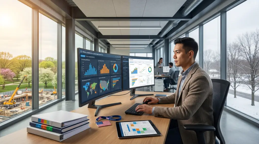 man in an office with dual monitors displaying data for ofccp recruiting compliance.