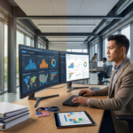 man in an office with dual monitors displaying data for ofccp recruiting compliance.